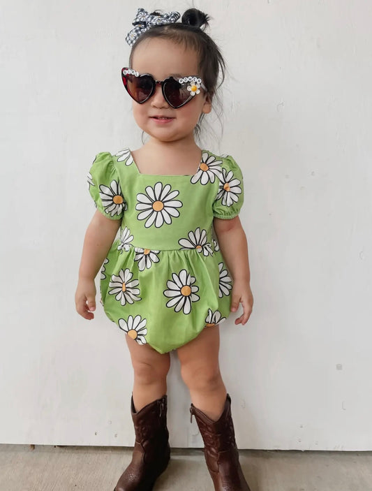 Green daisy bubble romper